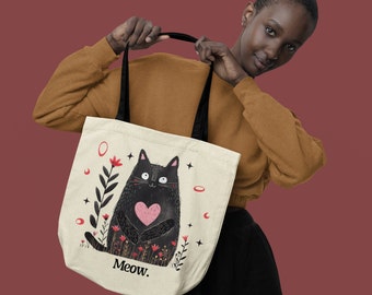 Cat Tote Bag, Garden Knitting Crochet Farmers Market Tote Bag Cat Lover Themed Gift Idea Black Cat Tote Bag Veterinarian Vet Tech Gift Kitty