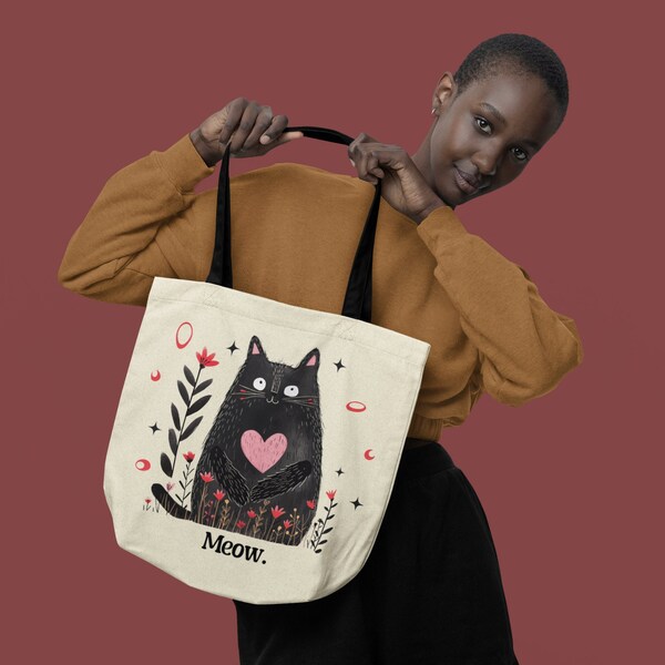 Cat Tote Bag, Garden Knitting Crochet Farmers Market Tote Bag Cat Lover Themed Gift Idea Black Cat Tote Bag Veterinarian Vet Tech Gift Kitty