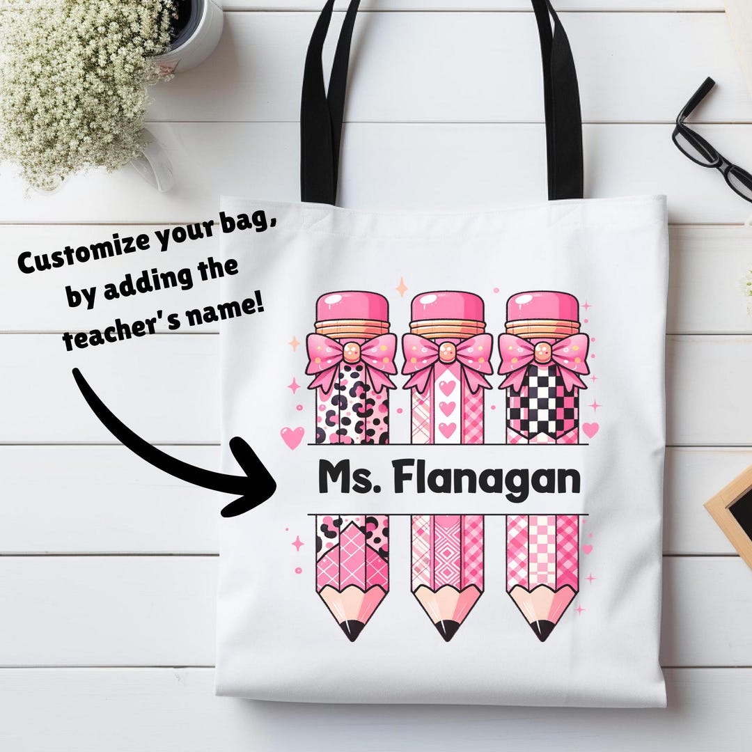 Personalized Teacher Tote Bag With Name Cute Pink Bow Custom Teacher ...