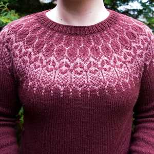 Women's Icelandic Style Hand-Knitted Yoke Sweater, Fair Isle, size L/XL, maroon, red, pink, wool, alpaca