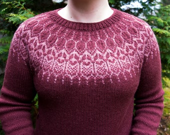 Women's Icelandic Style Hand-Knitted Yoke Sweater, Fair Isle, size L/XL, maroon, red, pink, wool, alpaca