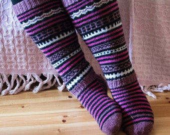 Hand knitted wool socks, long, striped, patterned, pink, black, white