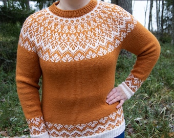 Women's Icelandic Style Hand-Knitted Yoke Sweater, Fair Isle, size L/XL, orange, white, wool