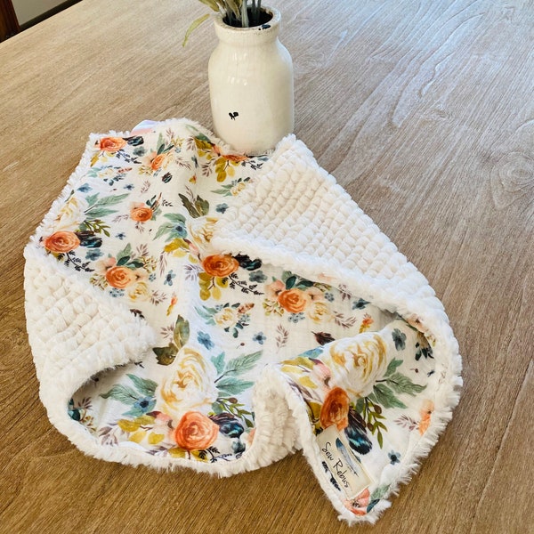 Autumn flowers gauze lovey.  Modern security Security blanket.  Babygirl floral mini blanket. Double gauze lovey.