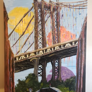 NYC Manhattan Bridge City Life Acrylic Painting, Acrylic Wall Art