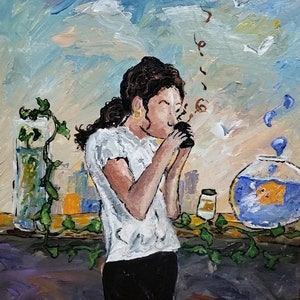 Lofi Kaffeemädchen Aufdachung Acrylbild