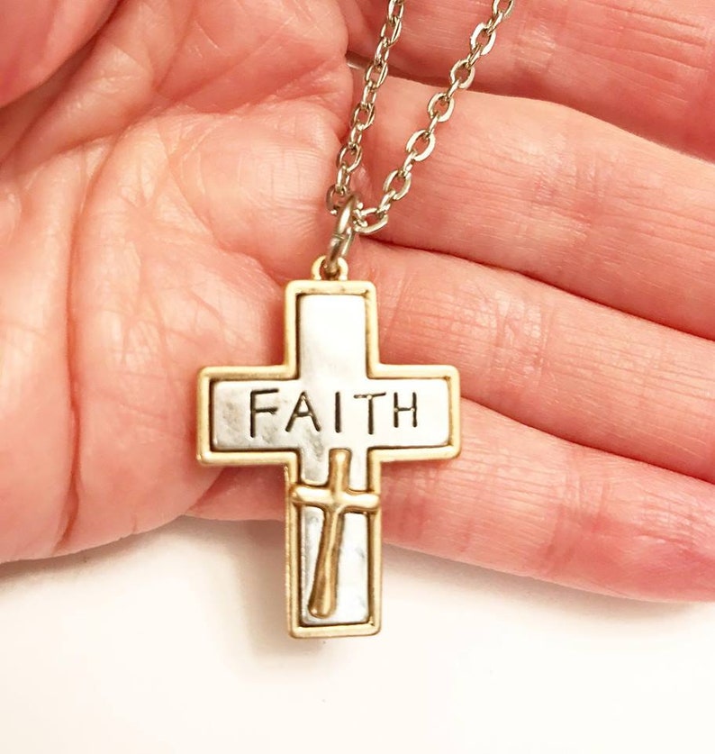 Cross Necklace Faith Two Tone Engraved Faith Cross Pendant Etsy