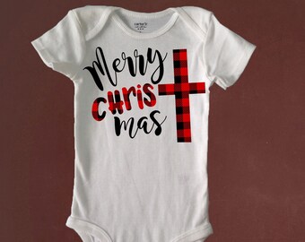 MERRY CHRISTmas, Plaid, Red, Black, Christ, Cute Bodysuit, Bodysuit or Toddler Tee, Baby Shower, Gift, Beachy Baby Shop, Custom Made