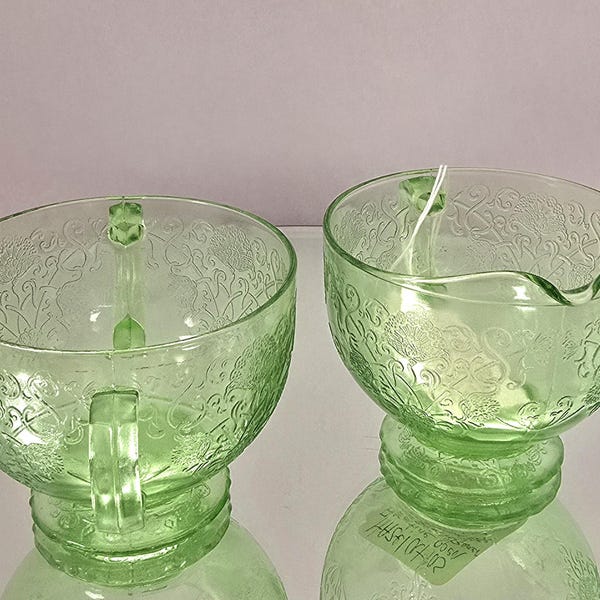 Hazel atlas florentine open sugar bowl and creamer green uranium vase line glass set