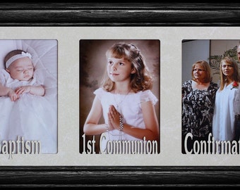 7x15 ~ BAPTISM, 1st COMMUNION & CONFIRMATION ~ Holds Three Portrait 4x6 or cropped 5x7 photos ~ Godparents/Godmother/Godfather Keepsake Gift
