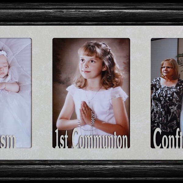 7x15 ~ BAPTISM, 1st COMMUNION & CONFIRMATION ~ Holds Three Portrait 4x6 or cropped 5x7 photos ~ Godparents/Godmother/Godfather Keepsake Gift