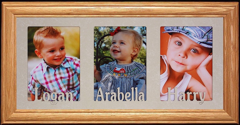 3 PERSONALIZED Three Opening Photo NAMEText Frame ~ Holds Portrait 4x6 or Cropped 5x7 Photos ~ Triple 5x7 Name Frame