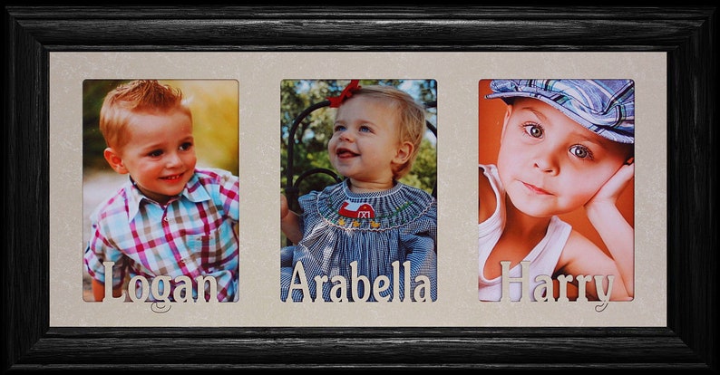 3 PERSONALIZED Three Opening Photo NAMEText Frame ~ Holds Portrait 4x6 or Cropped 5x7 Photos ~ Triple 5x7 Name Frame