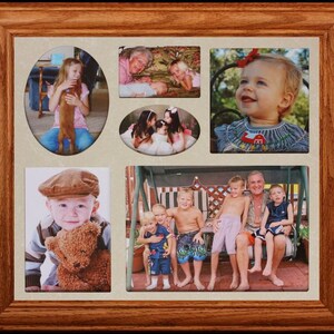 May include: A collage photo frame with multiple oval and rectangular openings, showcasing a family with children, a dog, and a swing set. The frame is made of wood with a light brown finish.