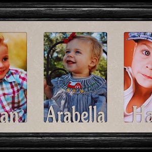Personalized triple 5x7 photo frame ~ Holds Three Portrait 4x6 or cropped 5x7 Photos ~ Your Choice of Frame Color and Mat Insert