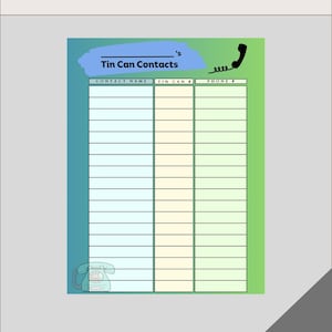 May include: Printable contact list with the text "Tin Can Contacts." The design features a gradient background of blue and green, with a retro phone graphic. The page is 8.5 x 11 inches.