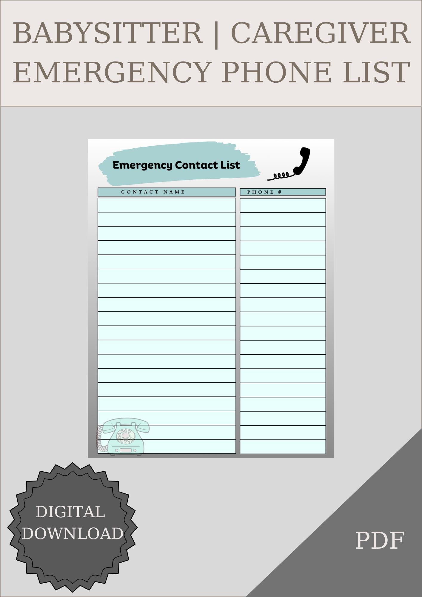 Emergency Contact List | Babysitter & Nanny Contacts, Safety Printable ...
