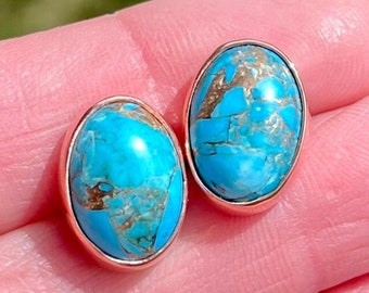 Turquoise and Copper “Firewater” Stud Earrings - Oval