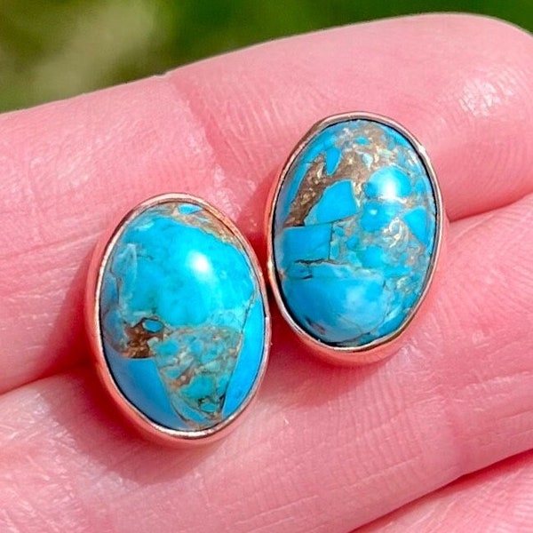 Turquoise and Copper “Firewater” Stud Earrings - Oval