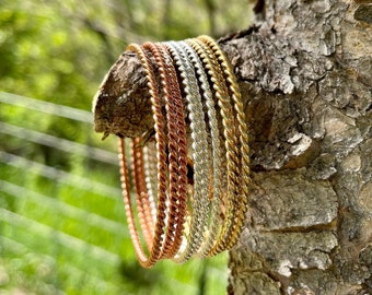 Hand-Twisted Bangle Bracelet in Sterling Silver, Copper, or Brass