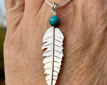 Feather Necklace in Sterling Silver w/ Turquoise Bead
