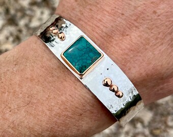 Tibetan Turquoise, Sterling Silver and 14ky Gold Fill Cuff Bracelet