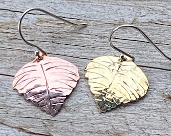 Aspen Leaf Earrings in Copper and Brass combination