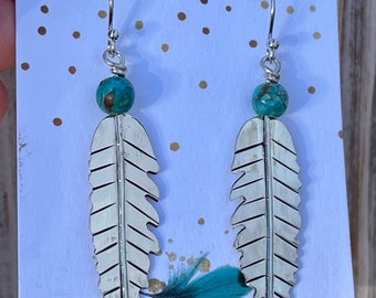 Sterling Silver Feather w/ Turquoise Earrings - Large