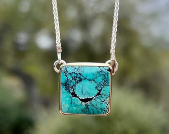Tibetan Turquoise, Sterling Silver and 14ky Gold Fill Pendant Necklace