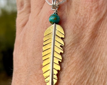 Feather Necklace in Brass w/ Turquoise Bead