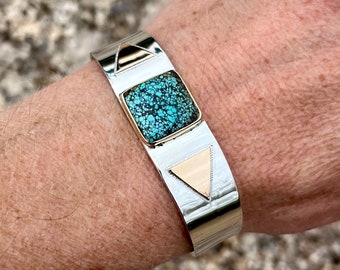 Tibetan Turquoise, Sterling Silver and 14ky Gold Fill Cuff Bracelet