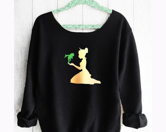 TIANA. Princess and the frog Sweatshirt.Off shoulder sweatshirt. Tiana sweatshirt. Disney sweater. Disney Sweatshirt. Pink lemonade apparel.