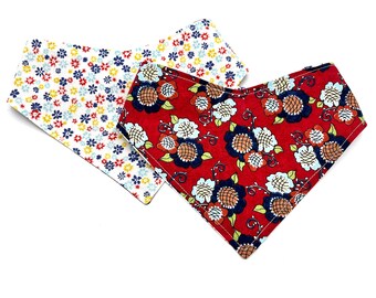 Vintage Floral - Pet Bandana - adjustable - reversible - dog - cat - stitches + sass - flowers - spring - summer- ditsy flower - red bandana