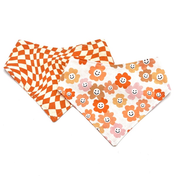 Groove Is in the Heart - Pet Bandana - adjustable - reversible - dog - cat - stitches + sass - checkerboard - smiley face - 90's - retro