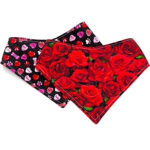 Roses - Pet Bandana -adjustable -reversible - dog bandana - cat - Valentine's day bandana - hearts - treats - V Day - love - stitches + sass