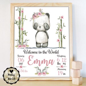 Certidão de nascimento de recém-nascido, presente para menina, decoração de panda para berçário, anúncio de nascimento, pôster de recém-nascido, arte digital, para impressão, personalizado