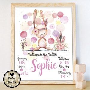 Nieuwe geboren geboorteakte, Baby meisje cadeau, kinderkamer konijn Decor, geboortekaartje, nieuwe geboren Poster, digitale kunst, afdrukbare, gepersonaliseerde