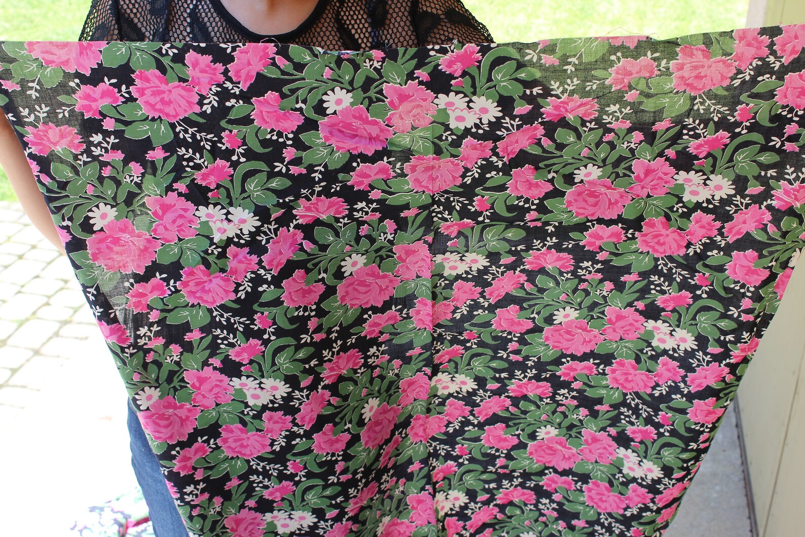 Retro Cloth Daisy Roses Vintage Black Fabric Pink White Etsy
