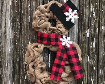 Snowman Wreath | Burlap Snowman | Buffalo Check | Buffalo Plaid | Winter Wreath | Front Door Decor | Christmas Wreath | Holiday Wreath