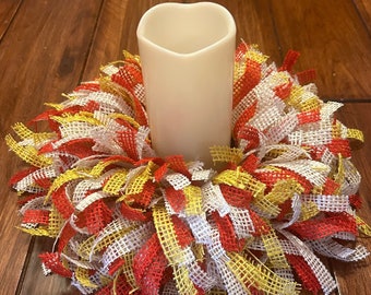 Burlap Candle Ring | Candle Holder | Table Centerpiece | Small Rag Wreath | Kansas City Chiefs | Home Decor | Red | Yellow | Decoration Gift