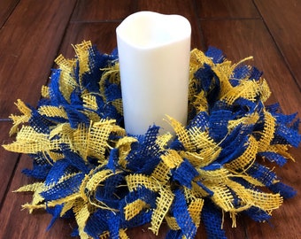 Burlap Candle Ring | Candle Holder | Table Centerpiece | Rag Wreath | Home Decor | Yellow | Blue | LA Rams | Golden State Warriors | Sports