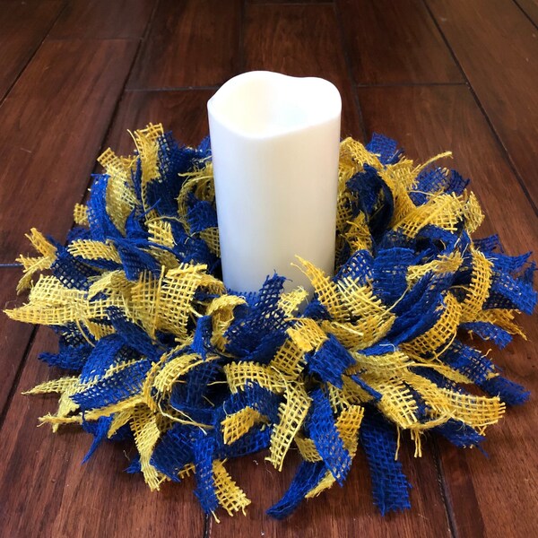 Burlap Candle Ring | Candle Holder | Table Centerpiece | Rag Wreath | Home Decor | Yellow | Blue | LA Rams | Golden State Warriors | Sports