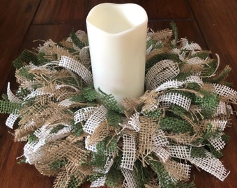 Burlap Candle Ring | Candle Holder | Table Centerpiece | Rag Wreath | Home Decor | Decoration | Wedding Gift | Farmhouse | Rustic | Neutral