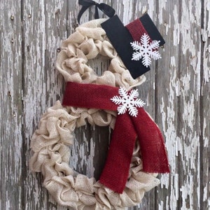 Snowman Wreath | Winter Wreath | Front Door Decor | Christmas Decoration |  Holiday Wreath | Rustic | Burlap | Door Hanging | White Snowman