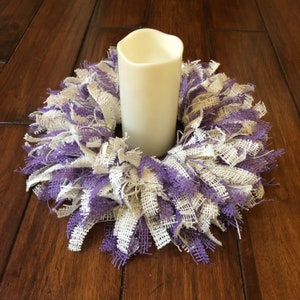 Burlap Candle Ring Candle Holder Table Centerpiece Rag Wreath Home Decor Decoration Holiday Spring Easter Ivory Purple image 3