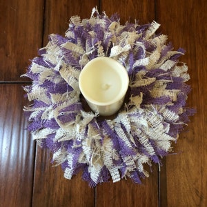 Burlap Candle Ring Candle Holder Table Centerpiece Rag Wreath Home Decor Decoration Holiday Spring Easter Ivory Purple image 5