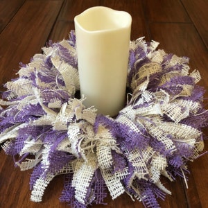 Burlap Candle Ring Candle Holder Table Centerpiece Rag Wreath Home Decor Decoration Holiday Spring Easter Ivory Purple image 6