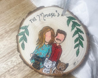 Custom Family Portrait | Hand-painted Ornament on Raw Wood Slice