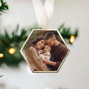 Cadeau klant, familiekerstornament, ornament aangepaste foto, boomdecor, ornament 2024, gepersonaliseerd ornament, kerstfoto, HEXAGON