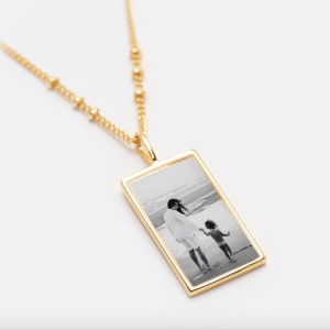 Photo Gold Rectangle Photo Charm w/ SATURN CHAIN - Mother's Day - Step Mom - Nana - Family - Grandmother - Mum - Memorial - Wedding - Sister